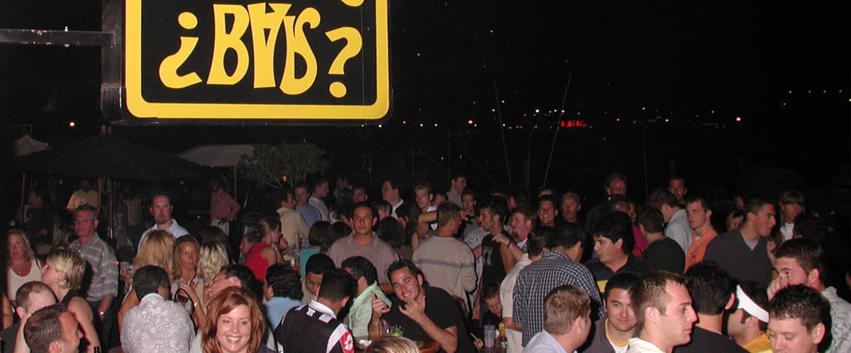 A packed night at The Nowhere Bar on the Cabo San Lucas marina, early 2000s